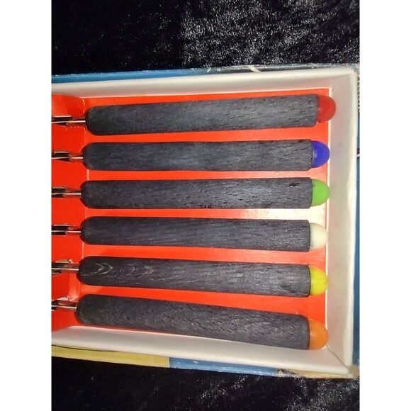 Vintage Set of 6 MCM Black Wood Handle Stainless Fondue Forks 1960s 70s Japan - Picture 3 of 8